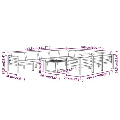 vidaXL 11 pcs conjunto lounge jardim com almofadões alumínio antracite