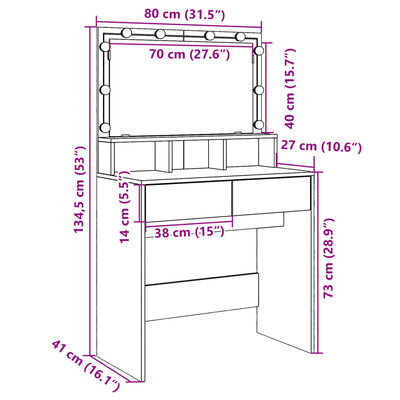 vidaXL Toucador com LED 80x41x134,5 cm branco