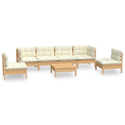 vidaXL 7 pcs conjunto lounge jardim c/ almofadões creme pinho maciço