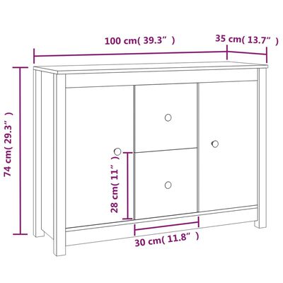 vidaXL Aparador 100x35x74 cm madeira de pinho maciça branco