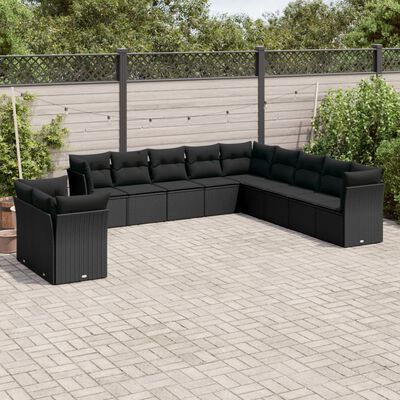 vidaXL 11 pcs conjunto sofás de jardim c/ almofadões vime PE preto