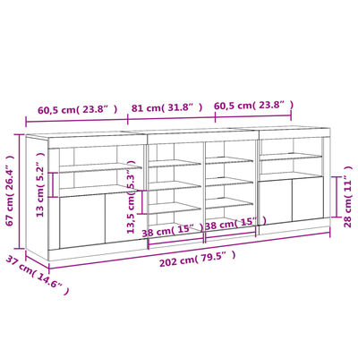 vidaXL Aparador com luzes LED 202x37x67 cm branco