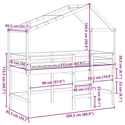 vidaXL Cama alta c/ escada e telhado 80x200 cm pinho maciço