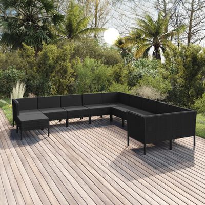 vidaXL 11 pcs conjunto lounge de jardim c/ almofadões vime PE preto