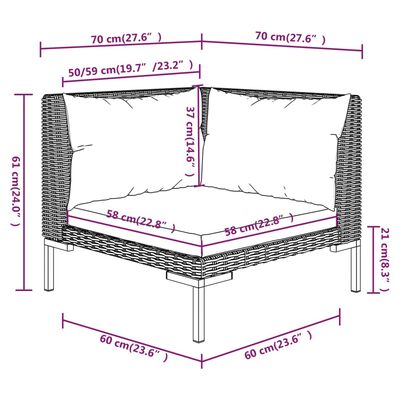 vidaXL 5 pcs conj. lounge jardim c/ almofadões vime PE cinzento-escuro