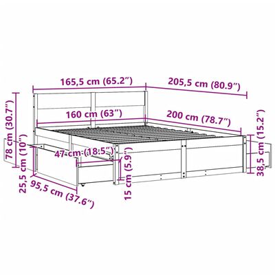 vidaXL Cama sem colchão 160x200 cm madeira pinho maciço castanho-mel