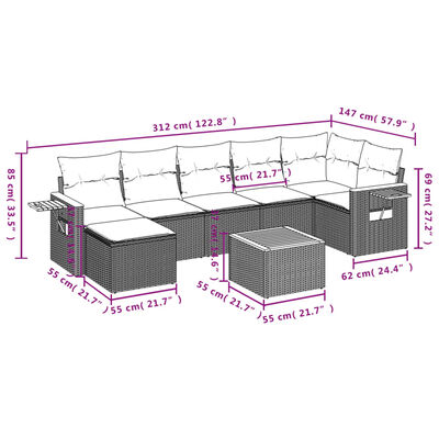 vidaXL 8 pcs conjunto de sofás p/ jardim com almofadões vime PE bege