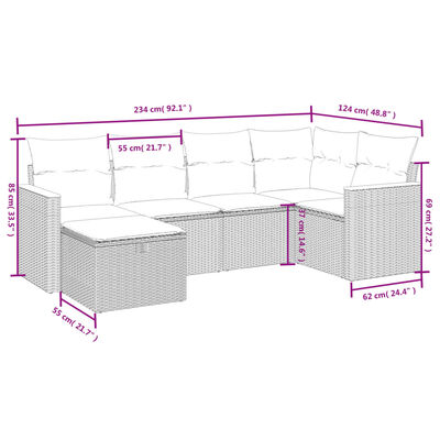 vidaXL 6 pcs conjunto de sofás p/ jardim com almofadões vime PE bege