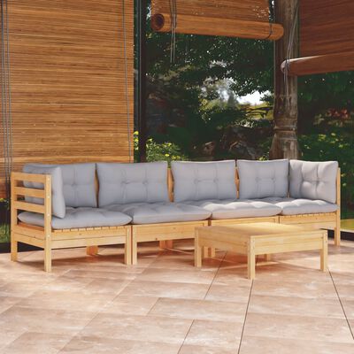 vidaXL 5 pcs conjunto lounge de jardim + almofadões cinza pinho maciço