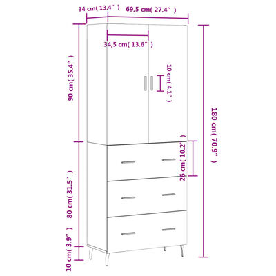 vidaXL Armário alto 69,5x34x180 cm derivados de madeira cor sonoma