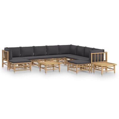 vidaXL 12pcs conj. lounge de jardim bambu c/ almofadões cinza-escuro