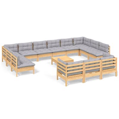 vidaXL 14 pcs conjunto lounge de jardim c/ almofadões cinza pinho