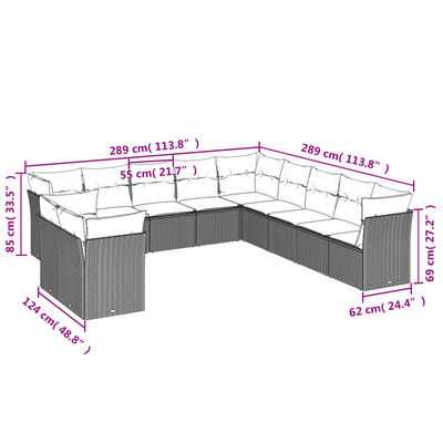 vidaXL 11 pcs conjunto sofás de jardim c/ almofadões vime PE cinzento