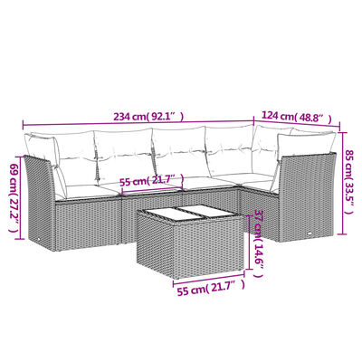 vidaXL 6 pcs conjunto de sofás p/ jardim com almofadões vime PE bege