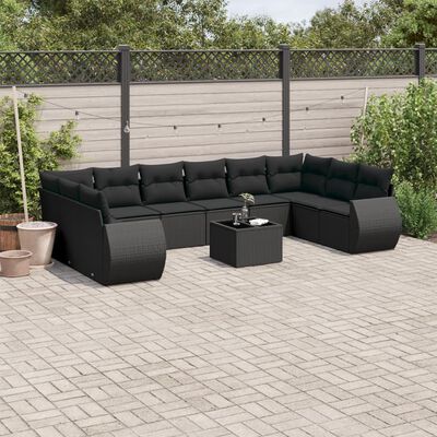 vidaXL 11 pcs conjunto sofás de jardim c/ almofadões vime PE preto