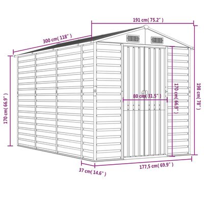 vidaXL Abrigo de jardim 191x300x198 cm aço galvanizado cinzento-claro