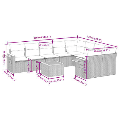 vidaXL 10 pcs conjunto sofás de jardim c/ almofadões vime PE cinzento