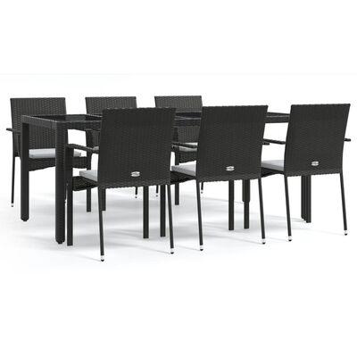 vidaXL 7 pcs conjunto de jantar p/ jardim c/ almofadões vime PE preto