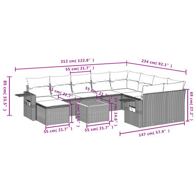 vidaXL 11 pcs conjunto sofás de jardim c/ almofadões vime PE preto