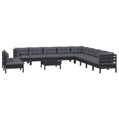 vidaXL 12 pcs conjunto lounge jardim c/ almofadões pinho maciço preto