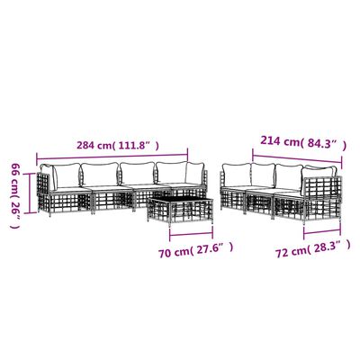 vidaXL 8 pcs conjunto lounge de jardim c/ almofadões vime PE antracite