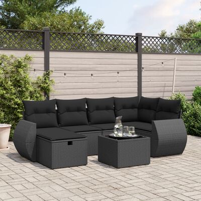 vidaXL 7 pcs conjunto de sofás p/ jardim c/ almofadões vime PE preto