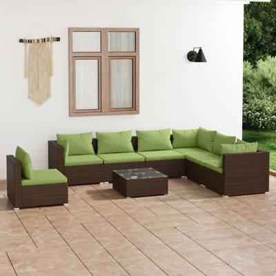 vidaXL 8 pcs conjunto lounge jardim c/ almofadões vime PE castanho