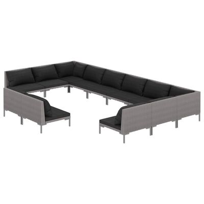 vidaXL 12 pcs conj. lounge jardim c/ almofadões vime PE cinza-escuro