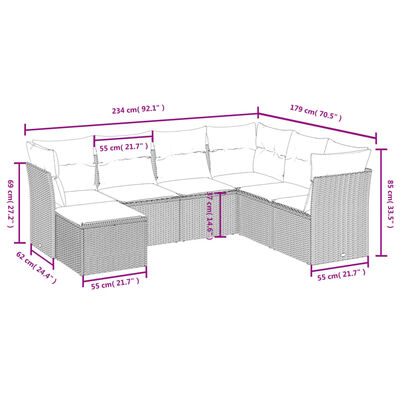 vidaXL 7 pcs conjunto de sofás p/ jardim c/ almofadões vime PE preto