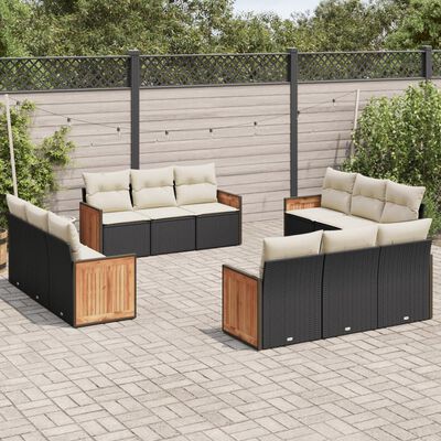 vidaXL 12 pcs conjunto de sofás de jardim c/ almofadões vime PE preto