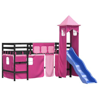 vidaXL Cama alta para criança com torre 90x190 cm pinho maciço rosa