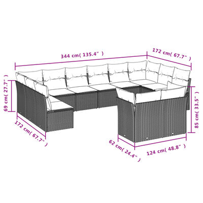 vidaXL 12 pcs conjunto de sofás jardim com almofadões vime PE castanho