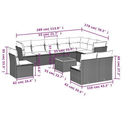 vidaXL 11 pcs conjunto sofás de jardim c/ almofadões vime PE preto