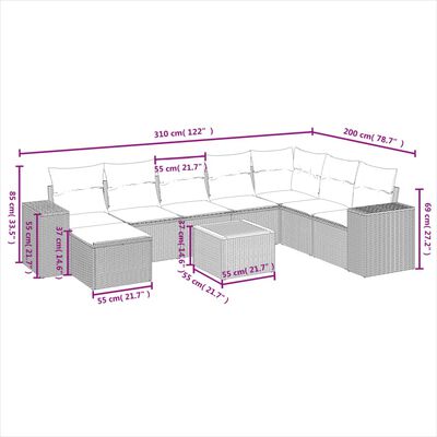 vidaXL 9 pcs conjunto sofás p/ jardim com almofadões vime PE cinzento