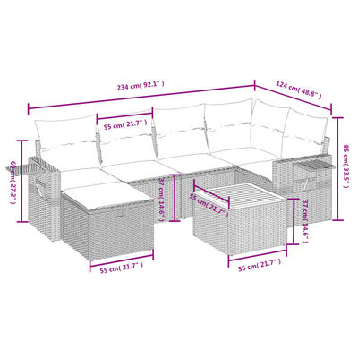 vidaXL 7 pcs conj. sofás jardim c/ almofadões vime PE bege misturado