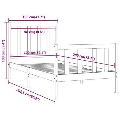 vidaXL Estrutura de cama 100x200 cm madeira maciça preto