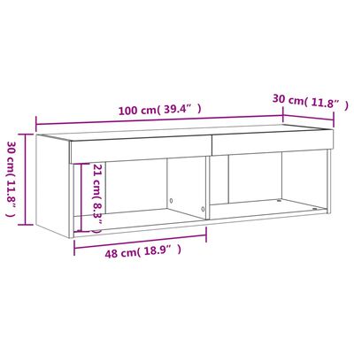 vidaXL Móvel de TV com luzes LED 100x30x30 cm carvalho fumado