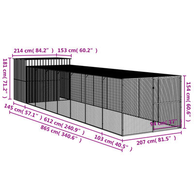 vidaXL Casota cães c/ parque 214x865x181 cm aço galvaniz. cinza-claro