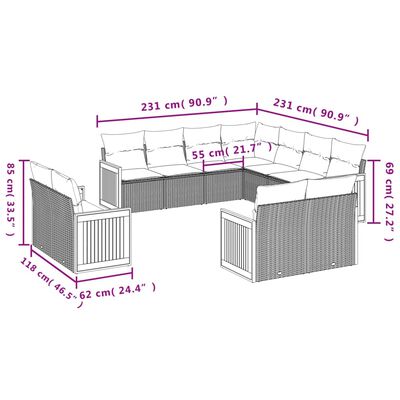 vidaXL 11 pcs conjunto sofás de jardim c/ almofadões vime PE bege