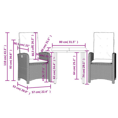 vidaXL 3 pcs conjunto de jantar p/ jardim c/ almofadões vime PE preto