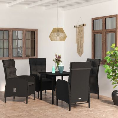 vidaXL 5 pcs conjunto de jantar p/ jardim c/ almofadões preto