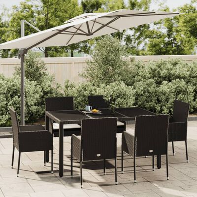 vidaXL 7 pcs conjunto de jantar p/ jardim c/ almofadões vime PE preto