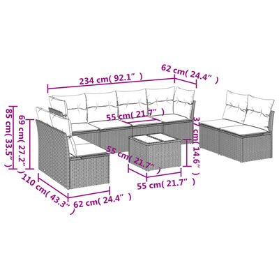 vidaXL 9 pcs conjunto sofás p/ jardim com almofadões vime PE cinzento