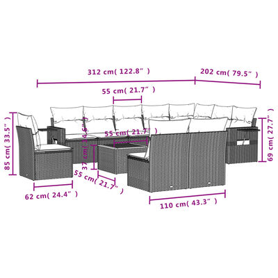 vidaXL 11 pcs conjunto sofás de jardim c/ almofadões vime PE cinzento