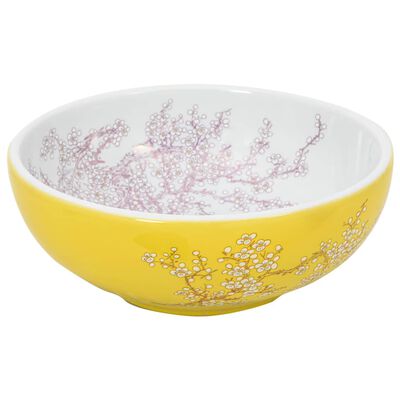 vidaXL Lavatório de bancada redondo Φ41x14 cm cerâmica branco/amarelo