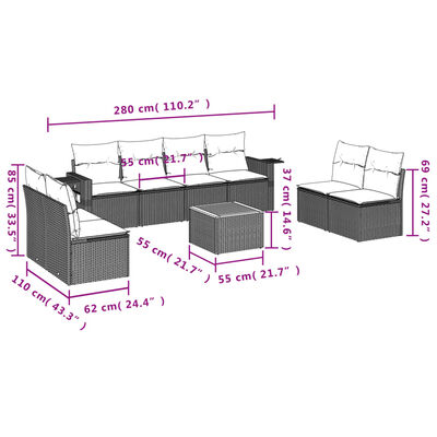 vidaXL 9 pcs conjunto de sofás p/ jardim c/ almofadões vime PE preto