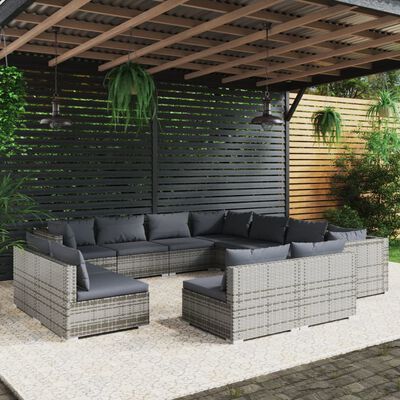 vidaXL 11 pcs conjunto lounge jardim c/ almofadões vime PE cinzento