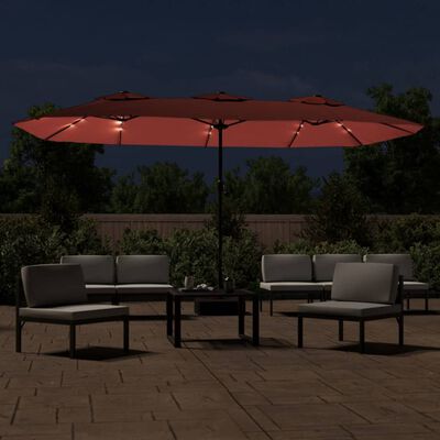 vidaXL Guarda-sol de jardim c/ cabeça dupla/LED 449x245 cm terracotta