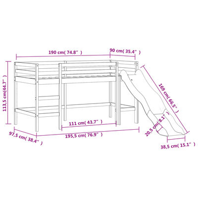 vidaXL Cama alta para criança com torre 90x190 cm pinho maciço rosa