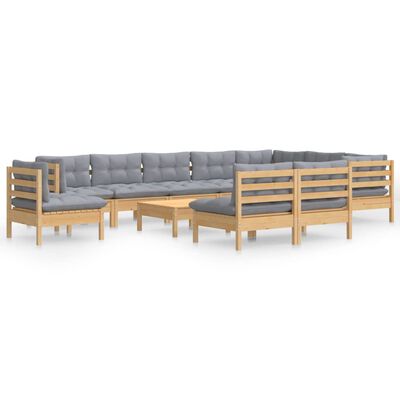 vidaXL 11pcs conjunto lounge de jardim + almofadões cinza pinho maciço